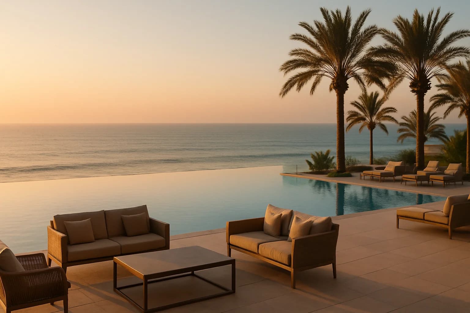 Luxury oceanfront stay setting in Agadir with sunset terrace and Atlantic view
