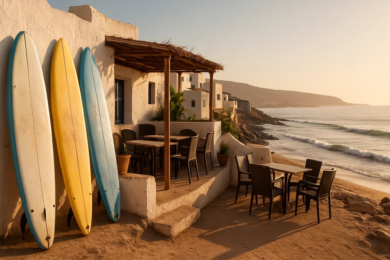 Surf-oriented coastal stay near Agadir and Taghazout with boards and Atlantic horizon