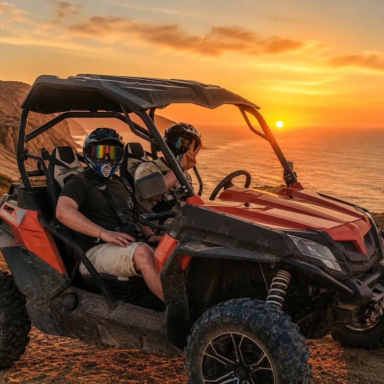 Off-road buggy driving across the Timlaline dunes at sunset.