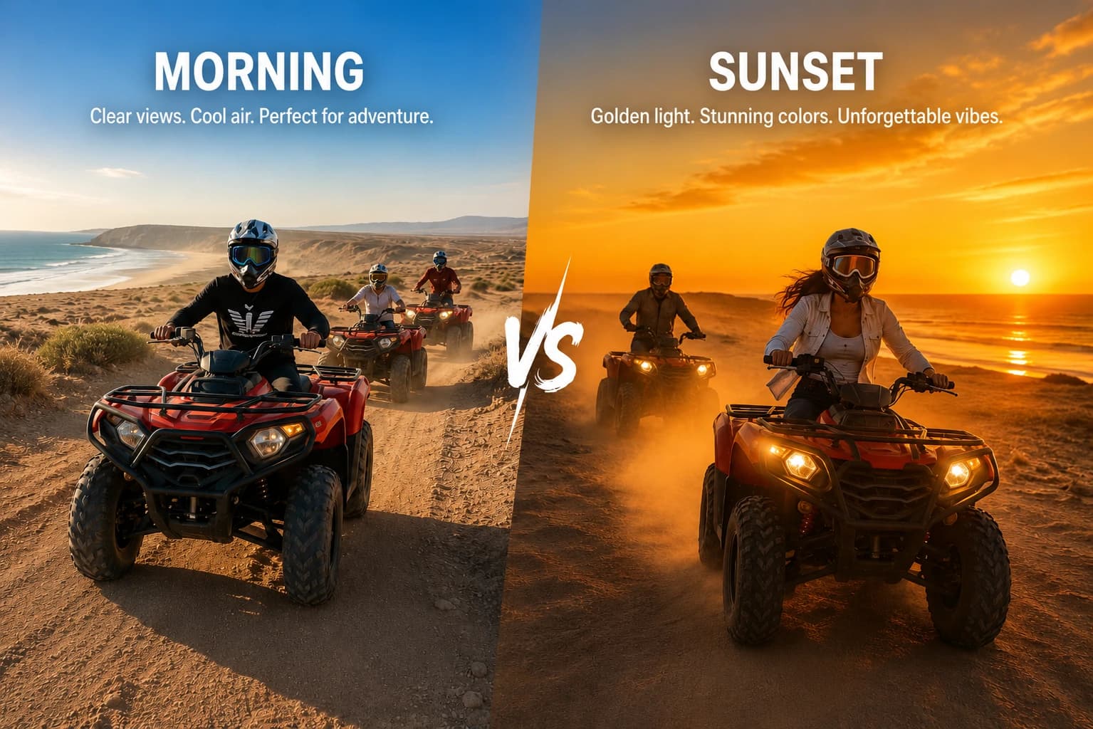 Morning and sunset quad biking near Agadir with warm golden light over open desert tracks