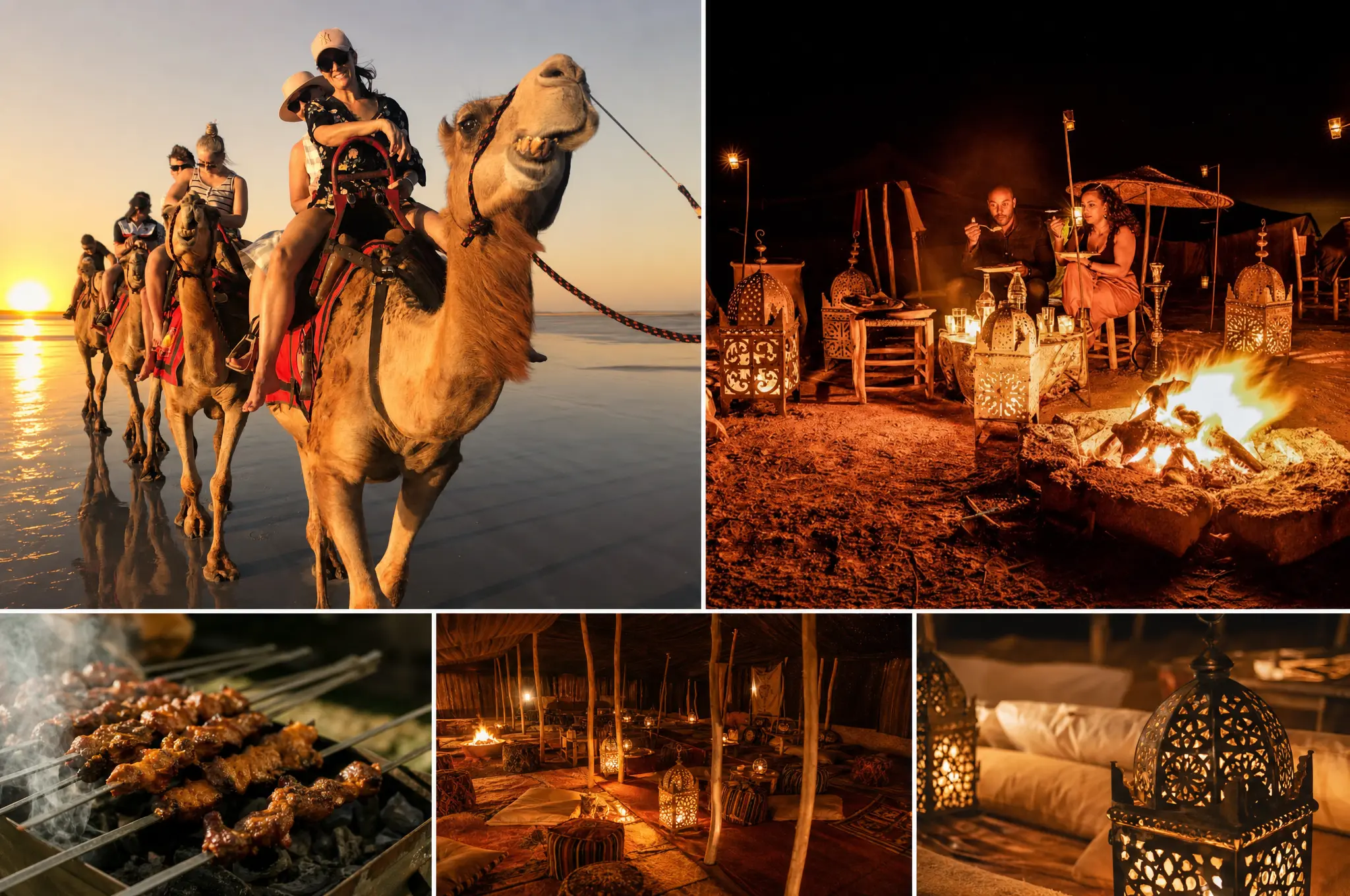 Camel ride across Tamri dunes at sunset near Agadir.