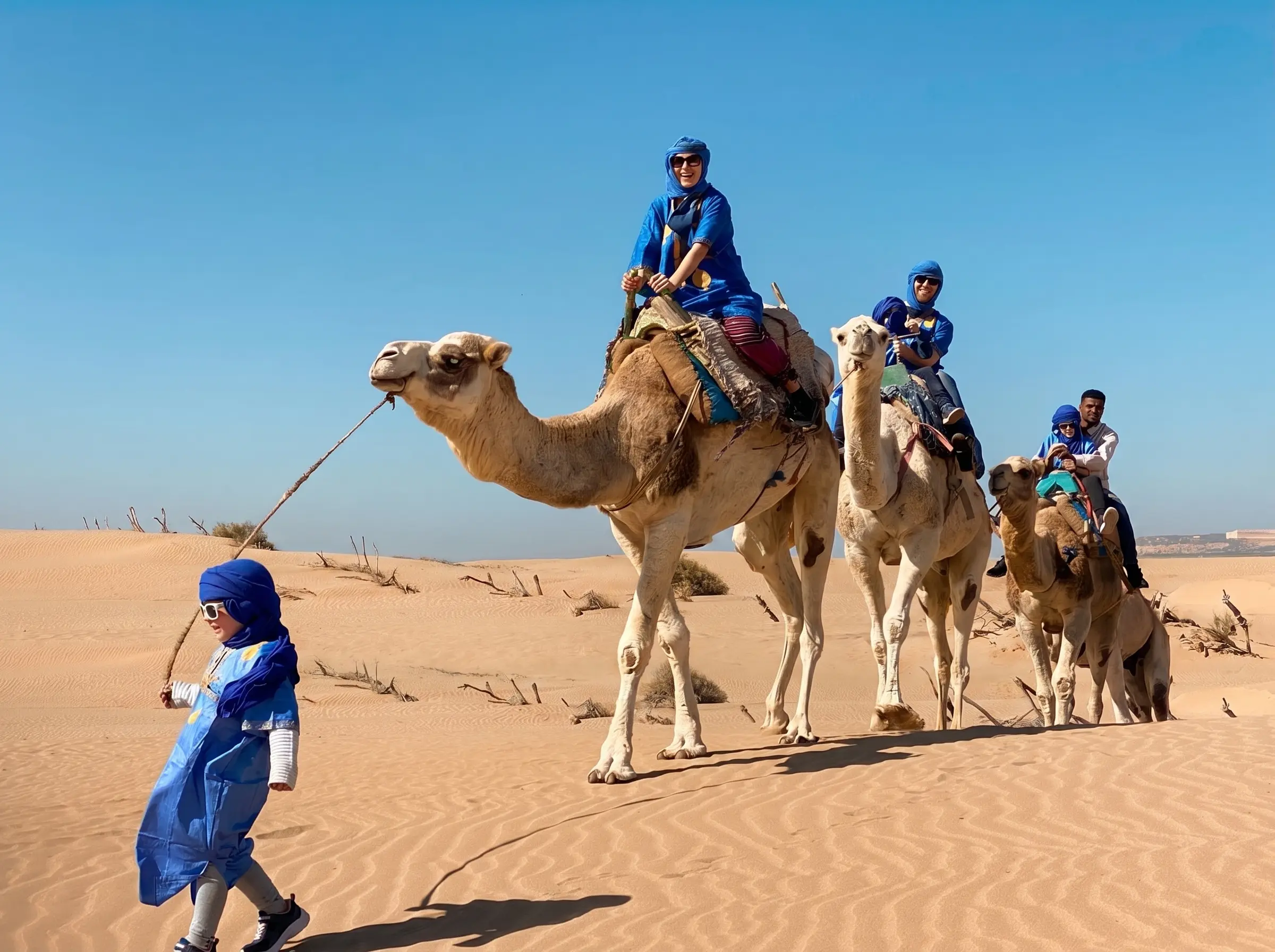 Family-friendly sunset camel ride near Tamri on an Agadir desert evening tour
