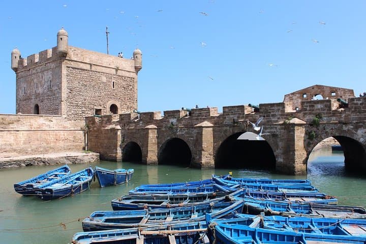 Essaouira's iconic blue and white medina walls rising above the Atlantic coast on a guided day trip from Agadir.