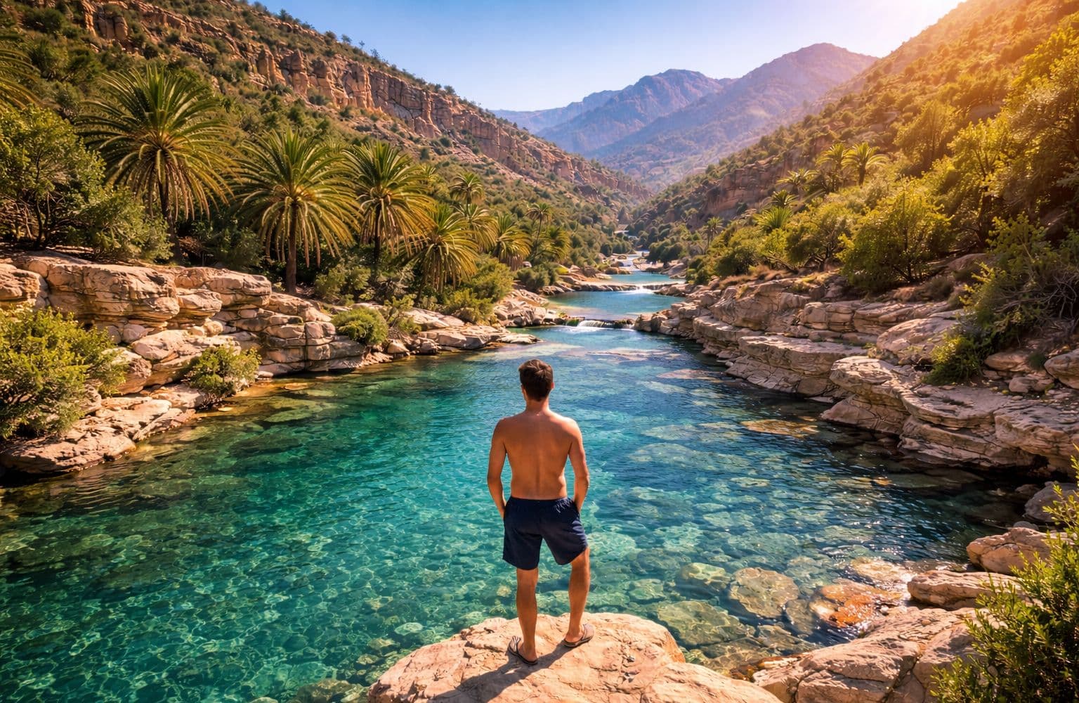 Emerald natural pool of Paradise Valley near Agadir framed by palm trees.