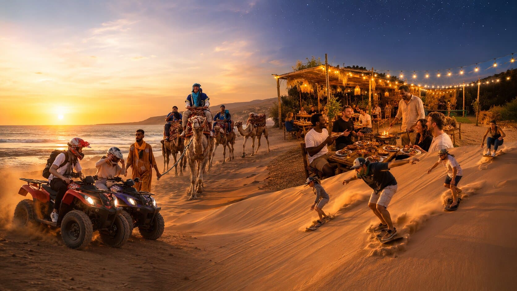 Quad biking, camel riding and dinner show combined at sunset in the Timlaline desert near Agadir.